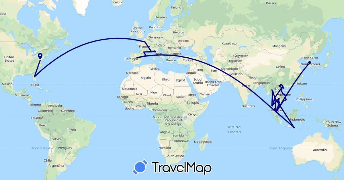 TravelMap itinerary: driving in Spain, France, Indonesia, Italy, Cambodia, South Korea, Malaysia, Singapore, Thailand, United States, Vietnam (Asia, Europe, North America)
